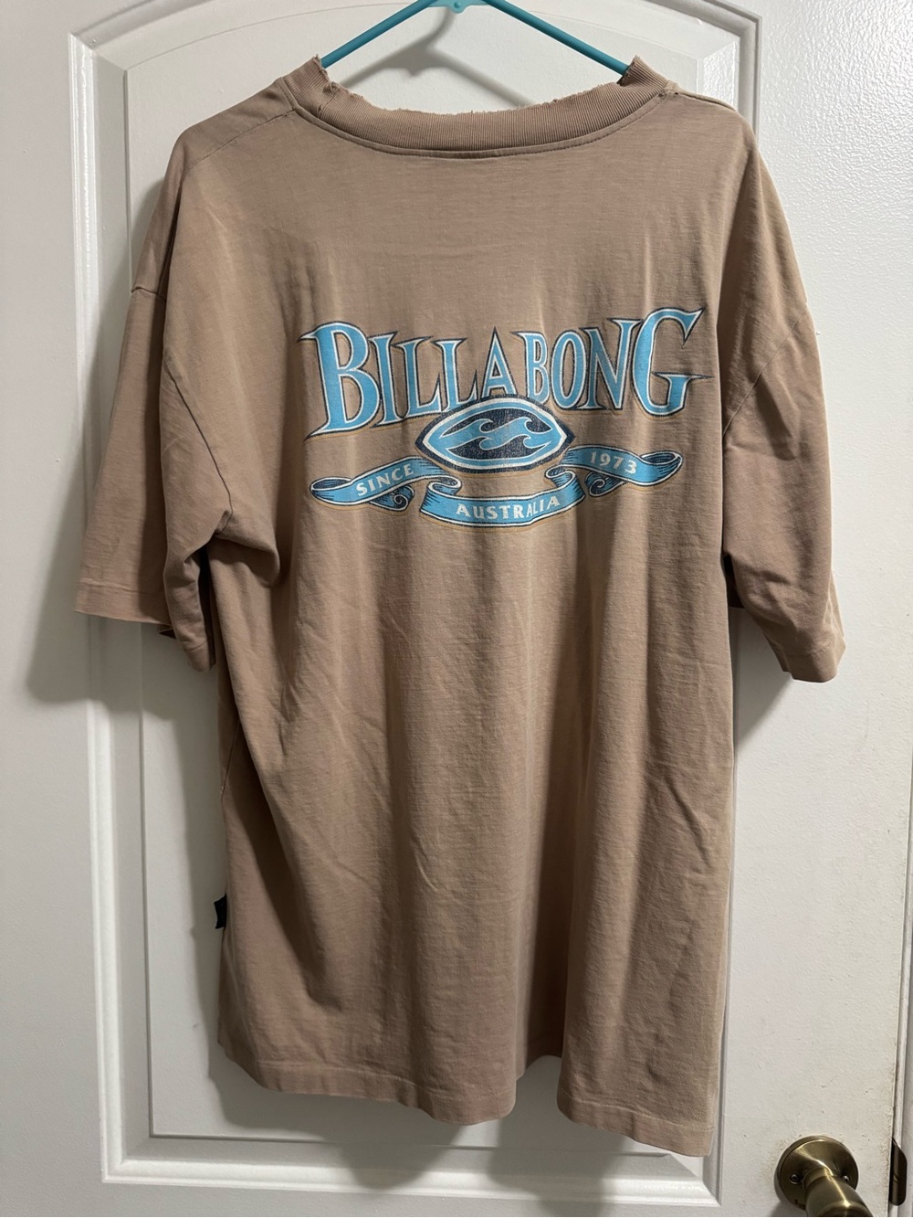 Billabong Tan Short-Sleeve Tee with Blue Logo Graphic